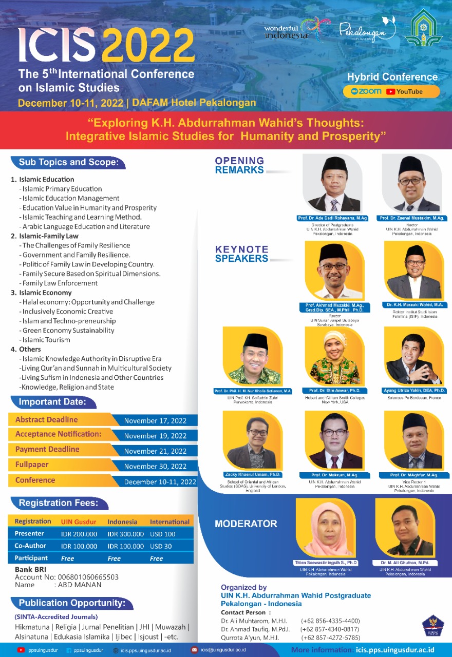 					View The 5th ICIS (2022): Exploring K.H. Abdurrahman Wahid’s Thoughts: Integrative Islamic Studies for  Humanity and Prosperity
				